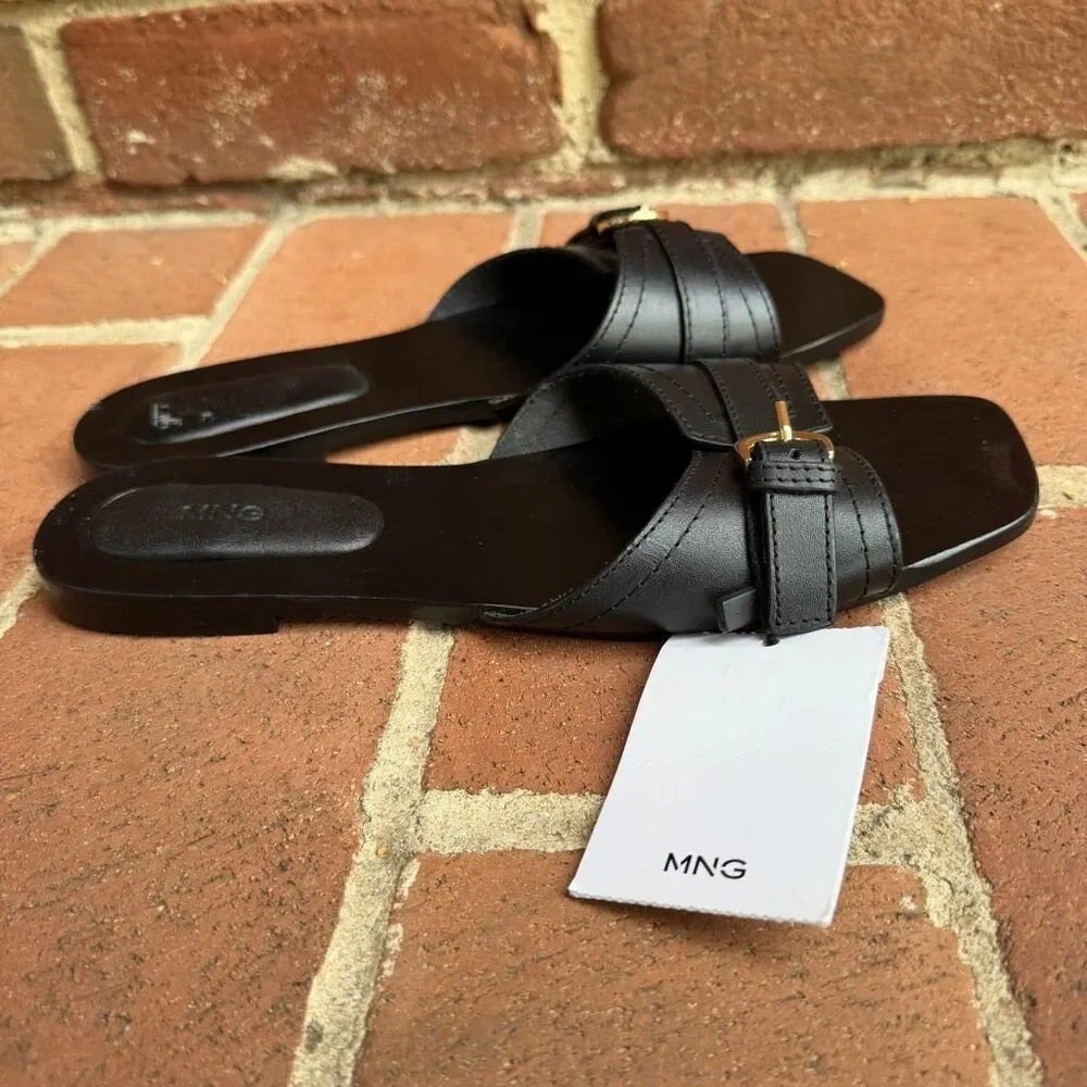 MNG by Mango Women's Buckle Leather Sandals Open Toe Black Size 39 NEW